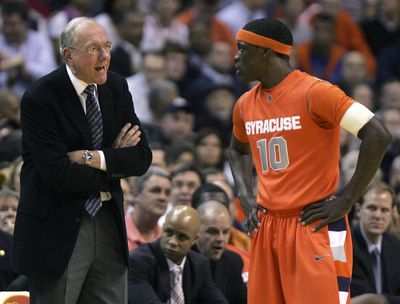Syracuse coach Jim Boeheim and Jonny Flynn were not too happy with developments on Wednesday against Georgetown.  (Associated Press / The Spokesman-Review)