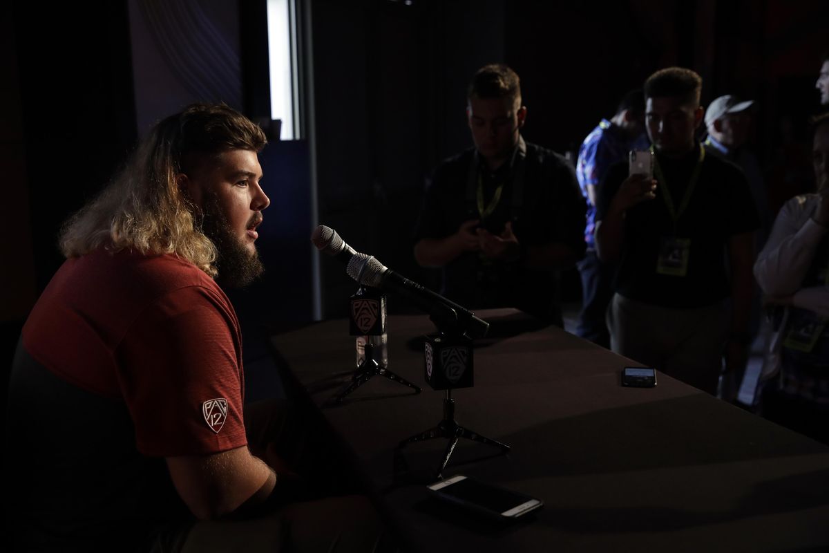 Washington State offensive lineman Liam Ryan answers question during the Pac-12 Conference NCAA college football Media Day Wednesday, July 24, 2019, in Los Angeles. (Marcio Jose Sanchez / AP)