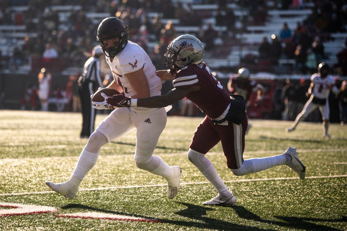 Montana safety TraJon Cotton tackles Eastern Washington’s Aiden Nellor during Saturday’s Big Sky Conference game at Washington-Grizzly Stadium in Missoula.  (BEN ALLAN SMITH/Missoulian)