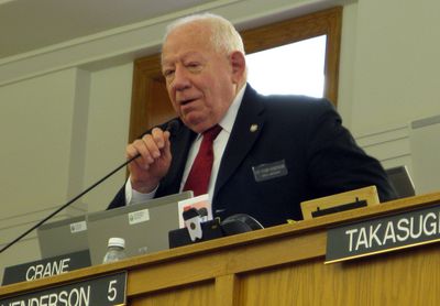 Rep. Frank Henderson, R-Post Falls, speaks  in favor of a gas tax increase to fund road work in Idaho. The bill failed in the House, 37-32.  (BETSY Z. RUSSELL / The Spokesman-Review)