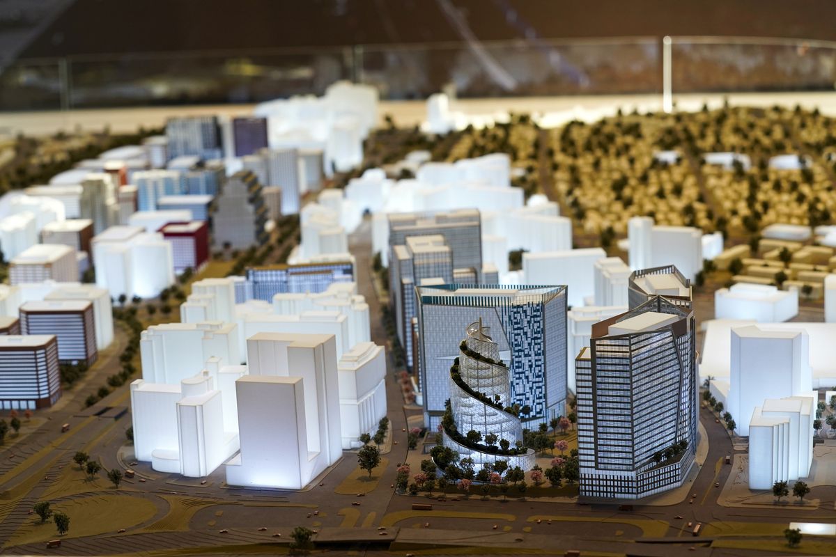 A scale model of Crystal City, the area in Northern Virginia's Arlington that includes the buildings that will make up Amazon HQ2. MUST CREDIT: Washington Post photo by Jahi Chikwendiu.  (Jahi Chikwendiu/The Washington Post)