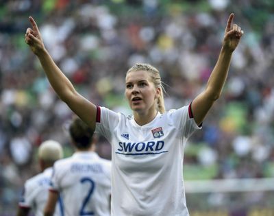In this May 18, 2019 photo, Lyon soccer player Ada Hegerberg, of Norway, celebrates her goal during the women’s soccer UEFA Champions League final match against FC Barcelona, in Budapest, Hungary. The world’s best player won’t be at the Women’s World Cup but the world’s best team will be, with both sides taking a stand for equality. (Balazs Czagany / Associated Press)