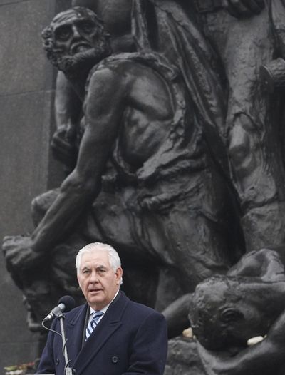 U.S. Secretary of State Rex Tillerson speaks during a ceremony at the Warsaw Ghetto Uprising 1943 memorial marking the International Holocaust Remembrance Day, in Warsaw, Poland, Saturday, Jan. 27, 2018. (Czarek Sokolowski / Associated Press)