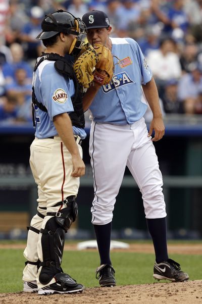 M’s prospect Danny Hultzen, right, allowed a run in his lone inning at the Futures Game. (Associated Press)