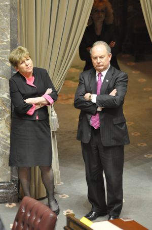 Sens. Lisa Brown and Mike Hewitt wait for the vote on the budget, late in the evening on the final day of the session. (Jim Camden/The Spokesman-Review)