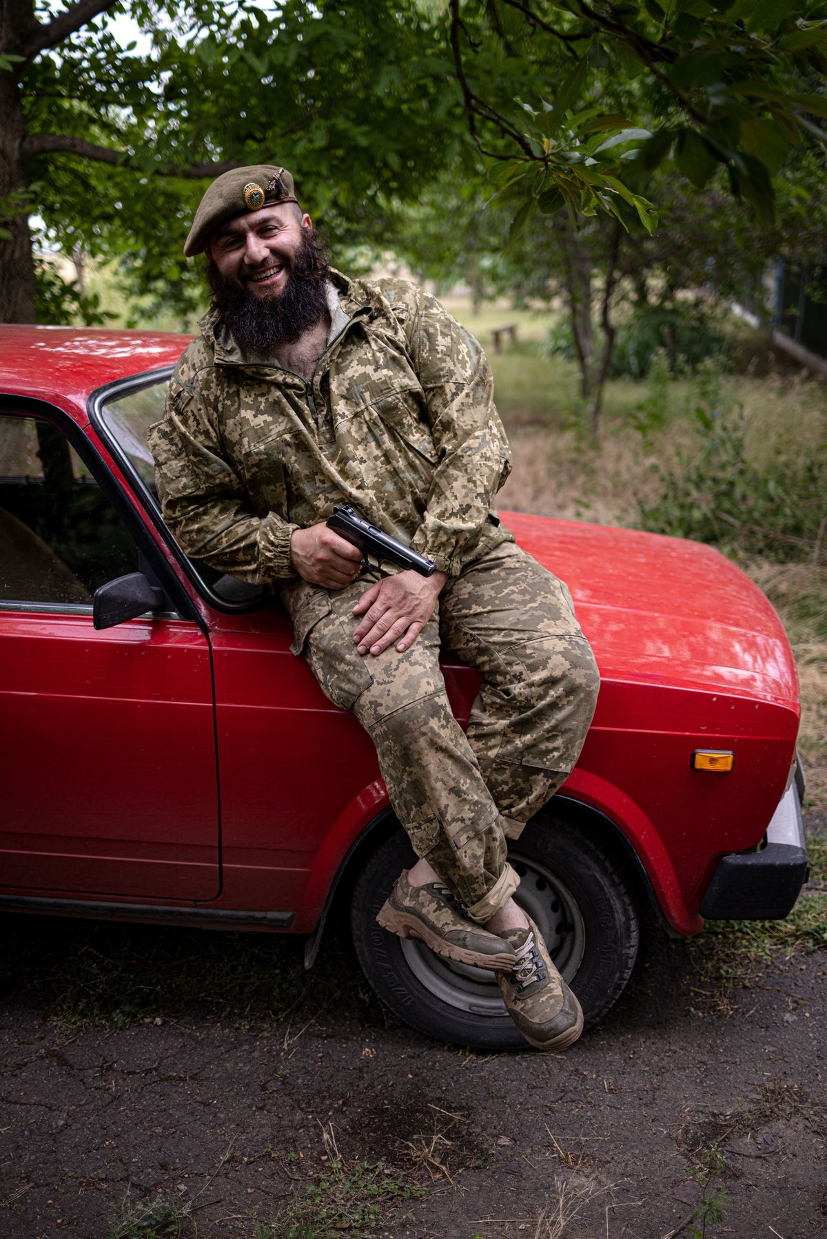 Bandera, 41, a Chechen who is fighting for Ukraine against Russia, on June 25.    (Serhiy Morgunov/For The Washington Post)