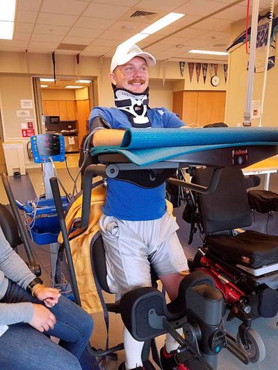 Zach Moore, of Lewiston, works on his recovery from a spinal cord injury at Craig Hospital in Englewood, Colo. (Josh Moore)