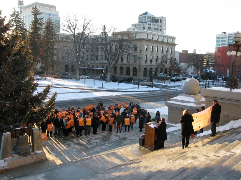 Teachers and supporters rally for improvements to Idaho schools on a sub-freezing Monday afternoon in Boise (Betsy Russell)