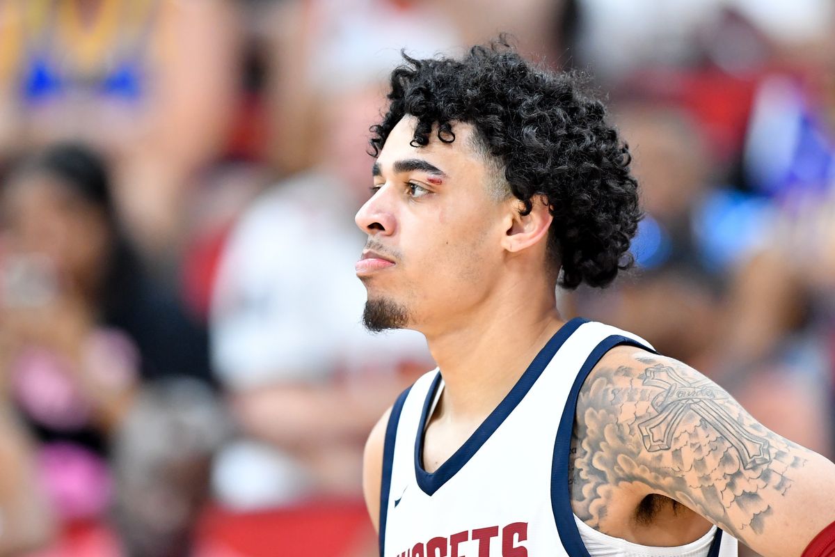 Denver’s Julian Strawther pauses between plays against Atlanta during an NBA Summer League game on July 9, 2023, at Cox Pavilion in Las Vegas, Nev.  (Tyler Tjomsland / The Spokesman-Review)