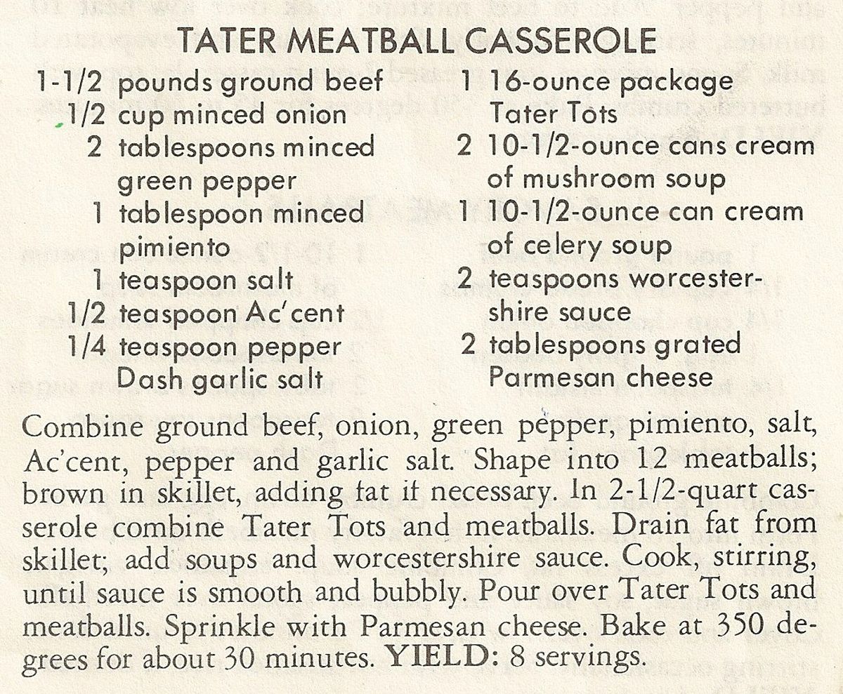 It's not exactly timeless, but doesn't every family need a recipe for tater-tot casserole? Take this to the next office potluck. You know people will love to hate it. (Spokesman-Review archives)