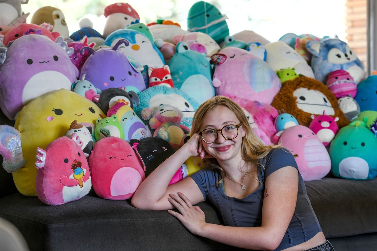 Karin Whitehead is photographed with her collection of Squishmallows at her home in Spokane Valley on Aug. 15, 2022.  (Kathy Plonka/The Spokesman-Review)