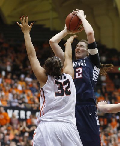 Gonzaga’s Emma Wolfram, shooting over Oregon State's Deven Hunter in the NCAA Tourmament last season, injured her knee and will miss the remainder of the season. (Timothy Gonzalez / Fr11177 Ap)