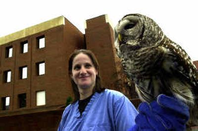 
Veterinary student Cristina Rubio holds Sovah, a barred owl, outside Washington State University's Wegner Hall. Rubio was called to rescue the partially blind owl from his perch atop the building. Sovah has lived at the WSU Raptor Center since November.Veterinary student Cristina Rubio holds Sovah, a barred owl, outside Washington State University's Wegner Hall. Rubio was called to rescue the partially blind owl from his perch atop the building. Sovah has lived at the WSU Raptor Center since November.
 (Rajah Bose/Rajah Bose/ / The Spokesman-Review)