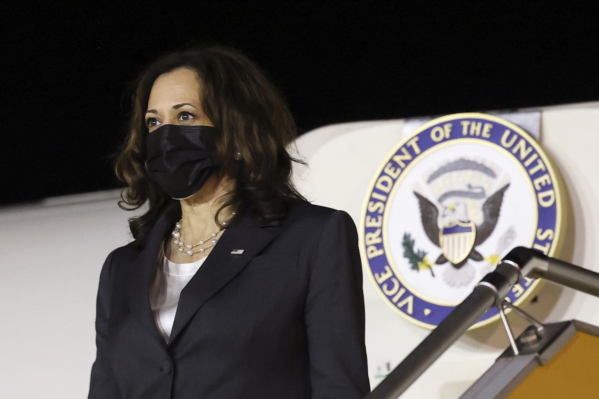 U.S. Vice President Kamala Harris arrives at the airport in Hanoi, Vietnam, Tuesday, Aug. 24, 2021. Harris is on a weeklong trip through Southeast Asia.  (EVELYN HOCKSTEIN)