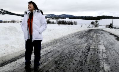 Valerie Fast Horse, Coeur d’Alene Tribe information technology director, talks about the start of the Coeur d’Alene Tribe’s new radio station outside tribal headquarters in Plummer on Wednesday.  (Kathy Plonka / The Spokesman-Review)