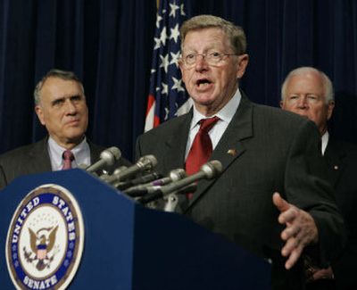 
Sen. Conrad Burns, R-Mont., speaks after passage of the revised Patriot Act in March.
 (File Associated Press / The Spokesman-Review)