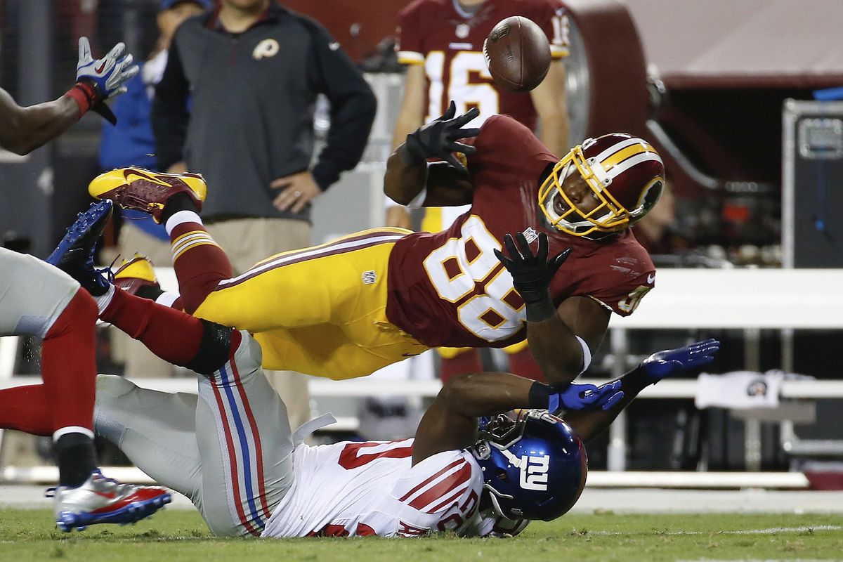 Washington wide receiver Pierre Garcon and the Redskins dropped the ball with a 31-point loss at home to the New York Giants. (Associated Press)