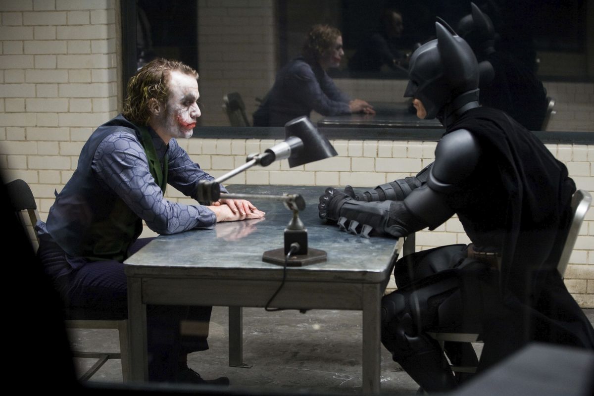 This image released by the Library of Congress shows Heath Ledger, left, and Christian Bale in a scene from the 2008 film "The Dark Knight." The film was added to the National Film Registry.  (HONS)