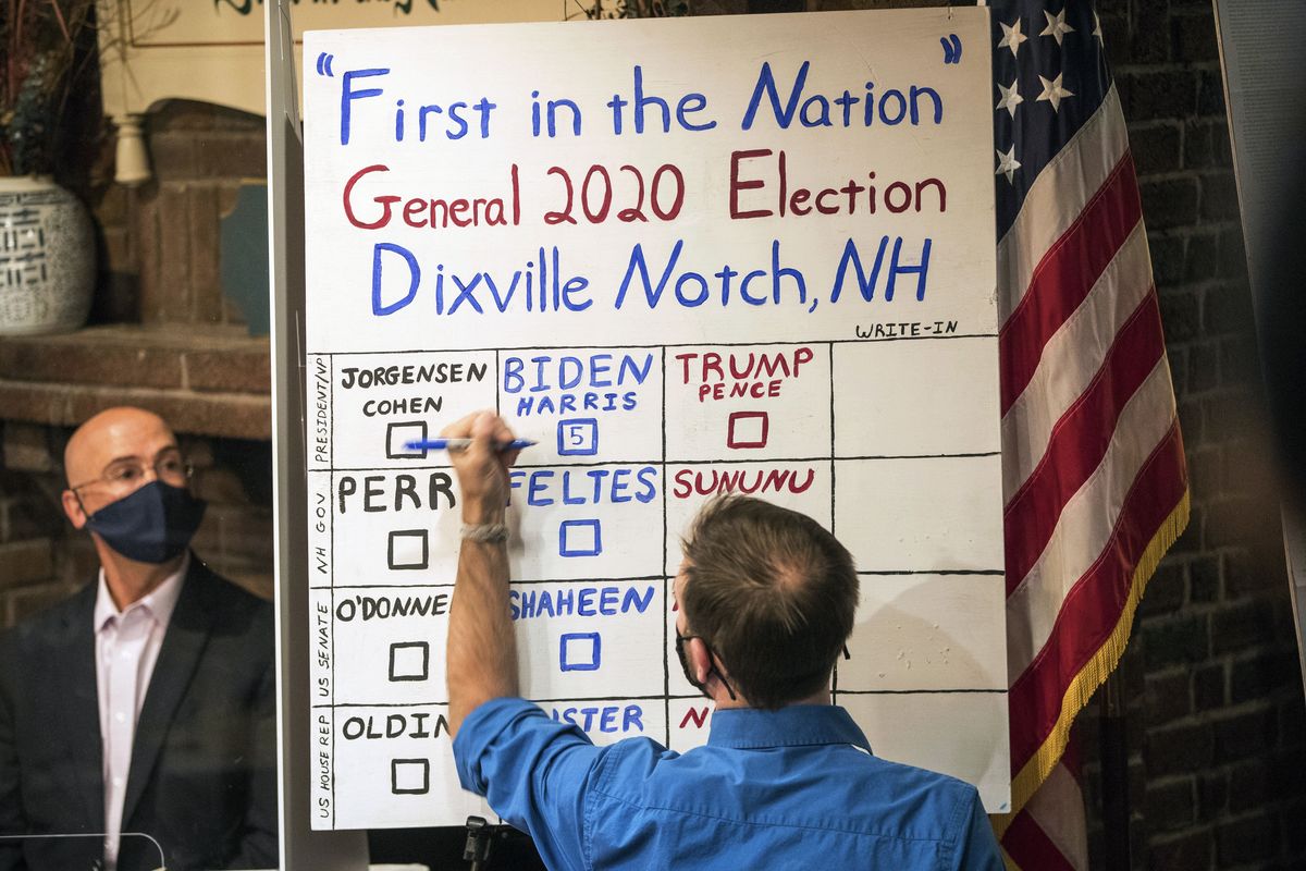 A man tallies the votes from the five ballots cast just after midnight, Tuesday, Nov. 3, 2020, in Dixville Notch, N.H. Democratic presidential candidate and former Vice President Joe Biden received all five votes.  (Scott Eisen)