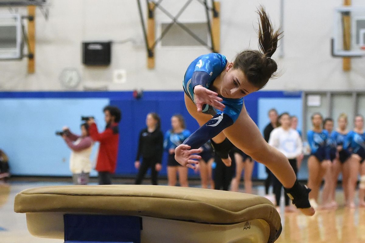 Central Valley’s Chloe Robbins performs a vault at a GSL Gymnastics meet at Central Valley High on Wednesday Jan. 3, 2018. (Colin Mulvany / The Spokesman-Review)