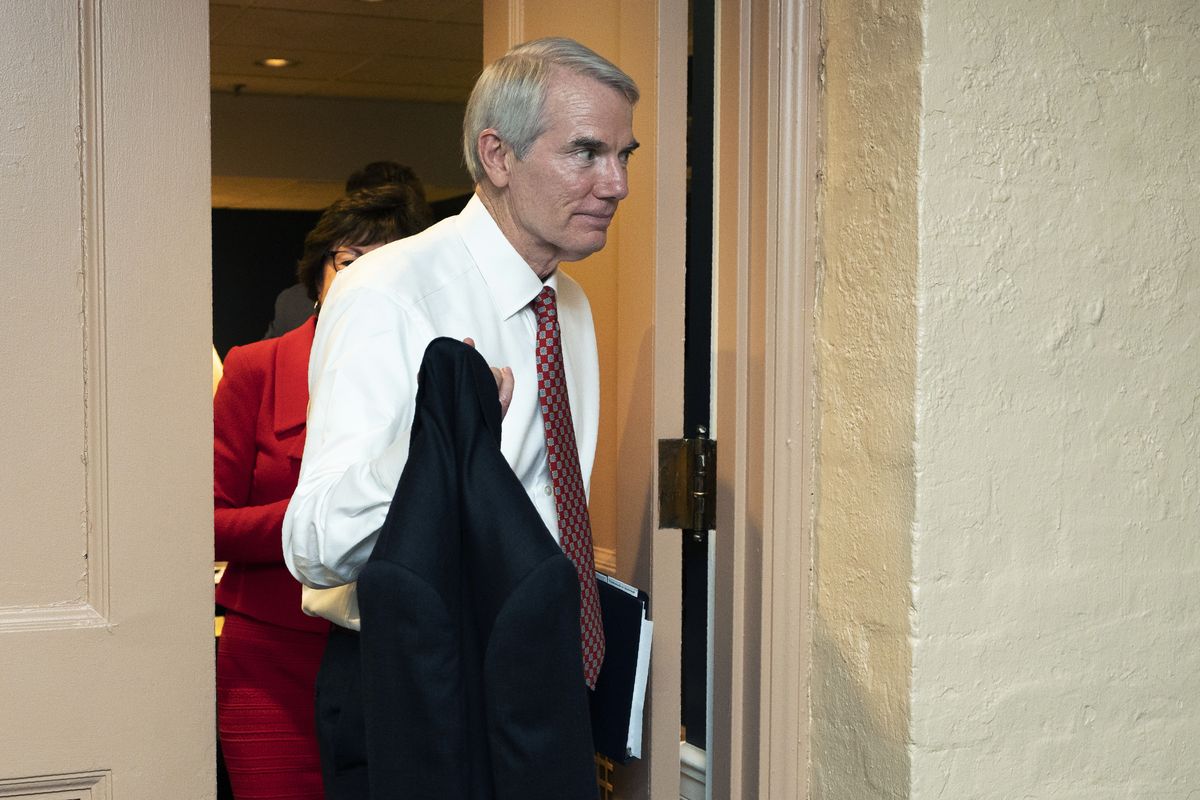 Sen. Rob Portman, R-Ohio, leaves a closed-door bipartisan infrastructure meeting with a group of senators and White House aides on Capitol Hill in Washington, Tuesday, June 22, 2021.  (Manuel Balce Ceneta)
