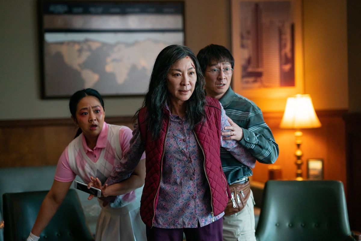 From left, Stephanie Hsu, Michelle Yeoh and Ke Huy Quan in “Everything Everywhere All at Once.”  (A24)