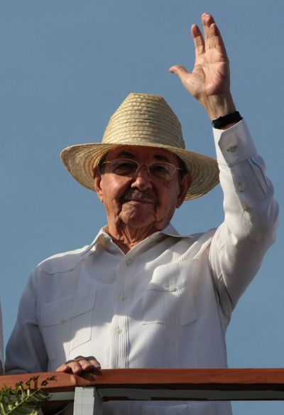 President Raul Castro waves to the crowd during International Workers’ Day in Cuba on Friday.  (Associated Press / The Spokesman-Review)