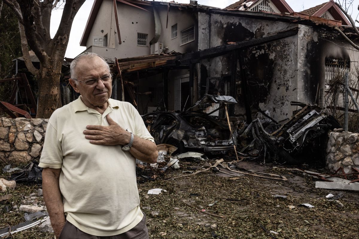 Moti Fitch, 75, outside his damaged home in Moreshet in northern Israel following a rocket barrage fired from Lebanon that heavily damaged homes and cars on Sunday. MUST CREDIT: Heidi Levine for The Washington Post  (Heidi Levine/FTWP)