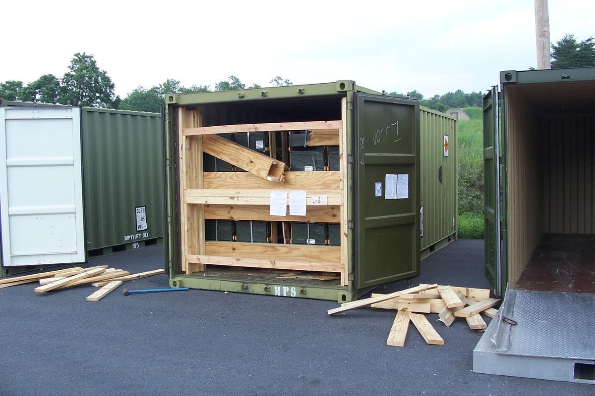 A storage container of explosive ordnance shows signs of theft on July 13, 2017, after arriving at the Letterkenny Army Depot in Chambersburg, Pa.  (HOGP)