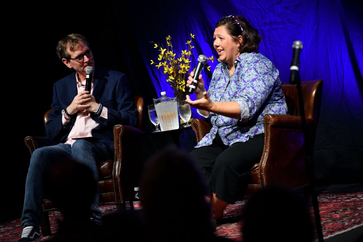 Spokesman-Review Editor Rob Curley and Carolyn Lamberson, senior editor for special projects,  speak about the Northwest Passages Book Club’s Summer Stories: Summer of ’69 edition on Wednesday at the Montvale Event Center in Spokane. (Tyler Tjomsland / The Spokesman-Review)