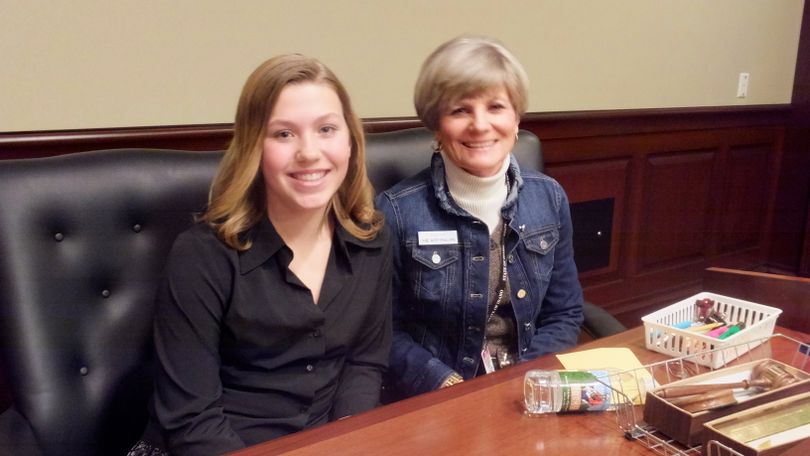 7th grader Ilah Hickman, with state Sen. Janie Ward-Engelking at the Idaho Capitol on Friday (Idaho Education News / Clark Corbin)
