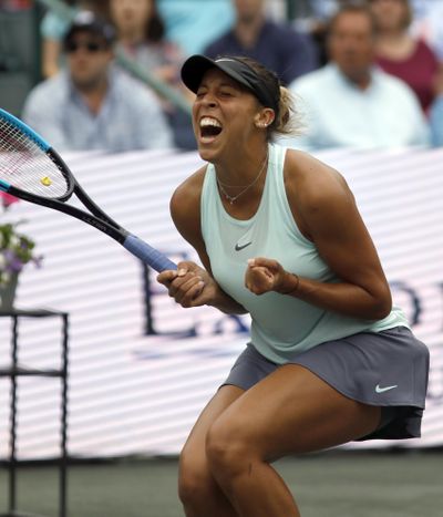 Madison Keys celebrates after defeating Caroline Wozniacki, from Denmark, to win their finals match at the Volvo Car Open tennis tournament in Charleston, S.C., Sunday, April 7, 2019. (Mic Smith / Associated Press)