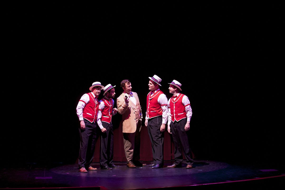 Cast members from left Ben Sasnett, Dustyn Moir, Matt Wolfe, Alex Carey and Henry McNulty rehearse a scene from Coeur d’Alene Summer Theatre’s production of “Music Man,” at the Kroc Center in Coeur d’Alene on Monday, July 11, 2016. (Kathy Plonka / The Spokesman-Review)