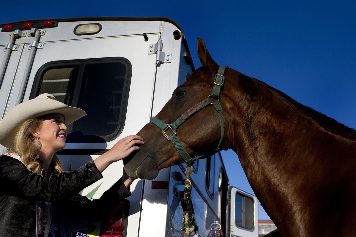 Miss Rodeo Washington Katherine Merck pets her horse Jax on Friday, Sep 11, 2015, before the start of the Spokane Interstate Fair. (TYLER TJOMSLAND tylert@spokesman.com)