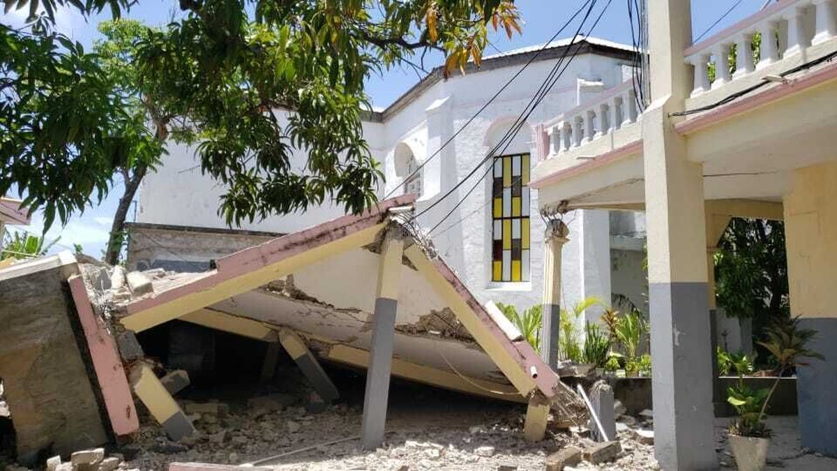Sacred Heart church is damaged after an earthquake in Les Cayes, Haiti, Saturday, Aug. 14, 2021. (Delot Jean)