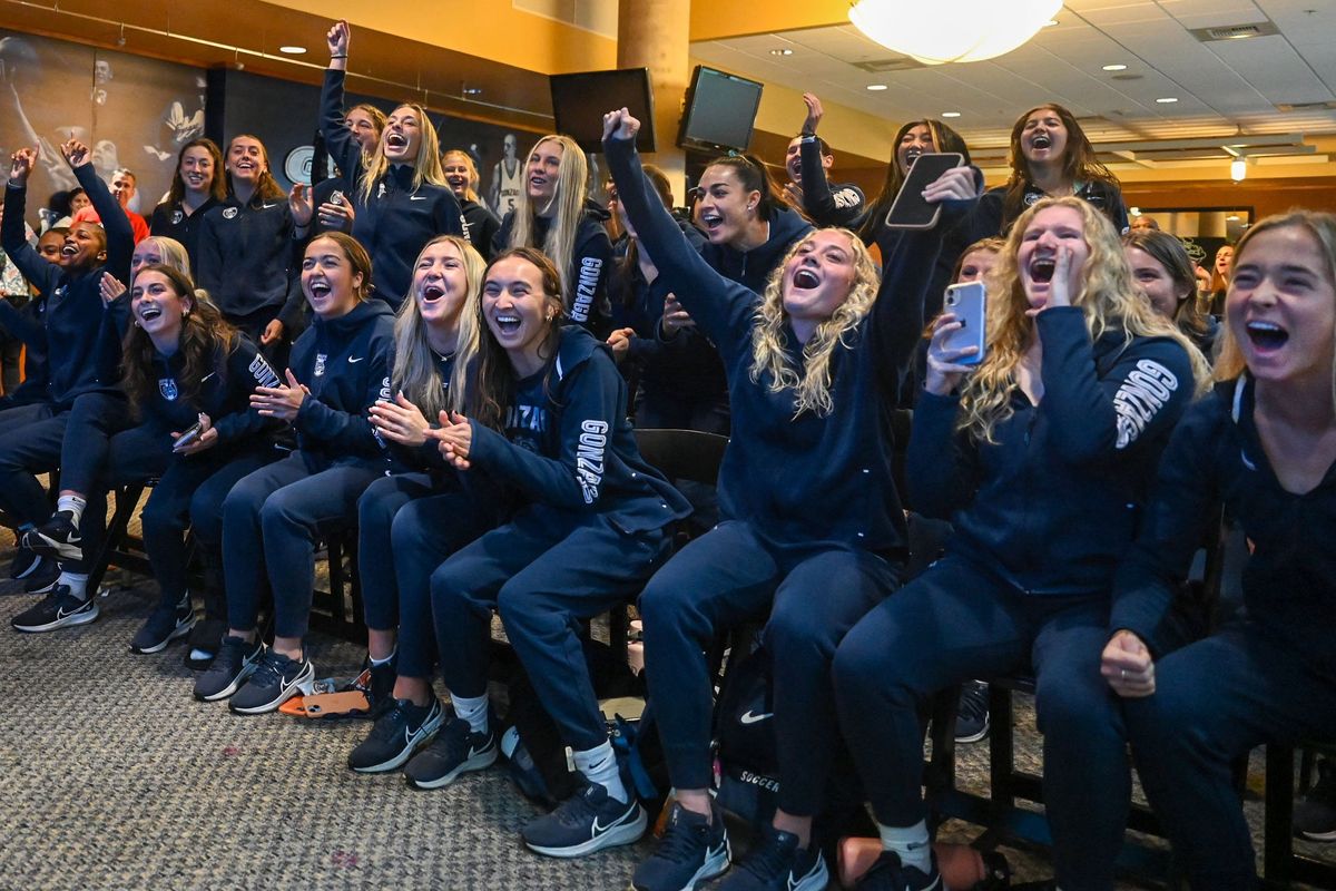 The Gonzaga University Women's Soccer team celebrates, Monday, Nov. 6, 2023, in the Herek Club as they see their name announced to host a first round NCAA Tournament match against Idaho.  (DAN PELLE/THE SPOKESMAN-REVIEW)