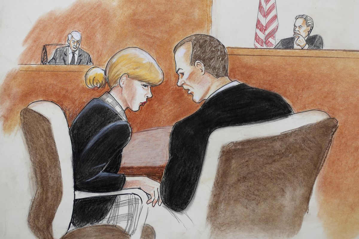 In this courtroom sketch, pop singer Taylor Swift, front left, confers with her attorney as David Mueller, back left, and the judge look on during a civil trial in federal court Tuesday, in Denver. Mueller, a former radio disc jockey accused of groping Swift before a concert testified Tuesday that he may have touched the pop superstar