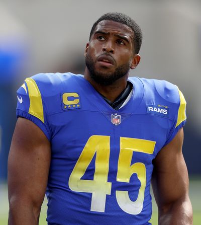 INGLEWOOD, CALIFORNIA - OCTOBER 30: Bobby Wagner #45 of the Los Angeles Rams on the sidelines during a 31-14 loss to the San Francisco 49ers at SoFi Stadium on October 30, 2022 in Inglewood, California.   (Getty Images)