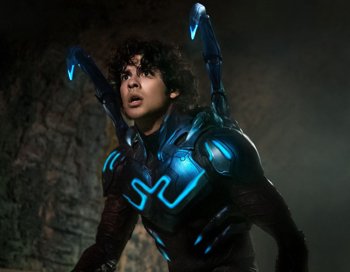 Xolo Maridueña stars as a Mexican American superhero in the movie “Blue Beetle.” (Warner Bros.)