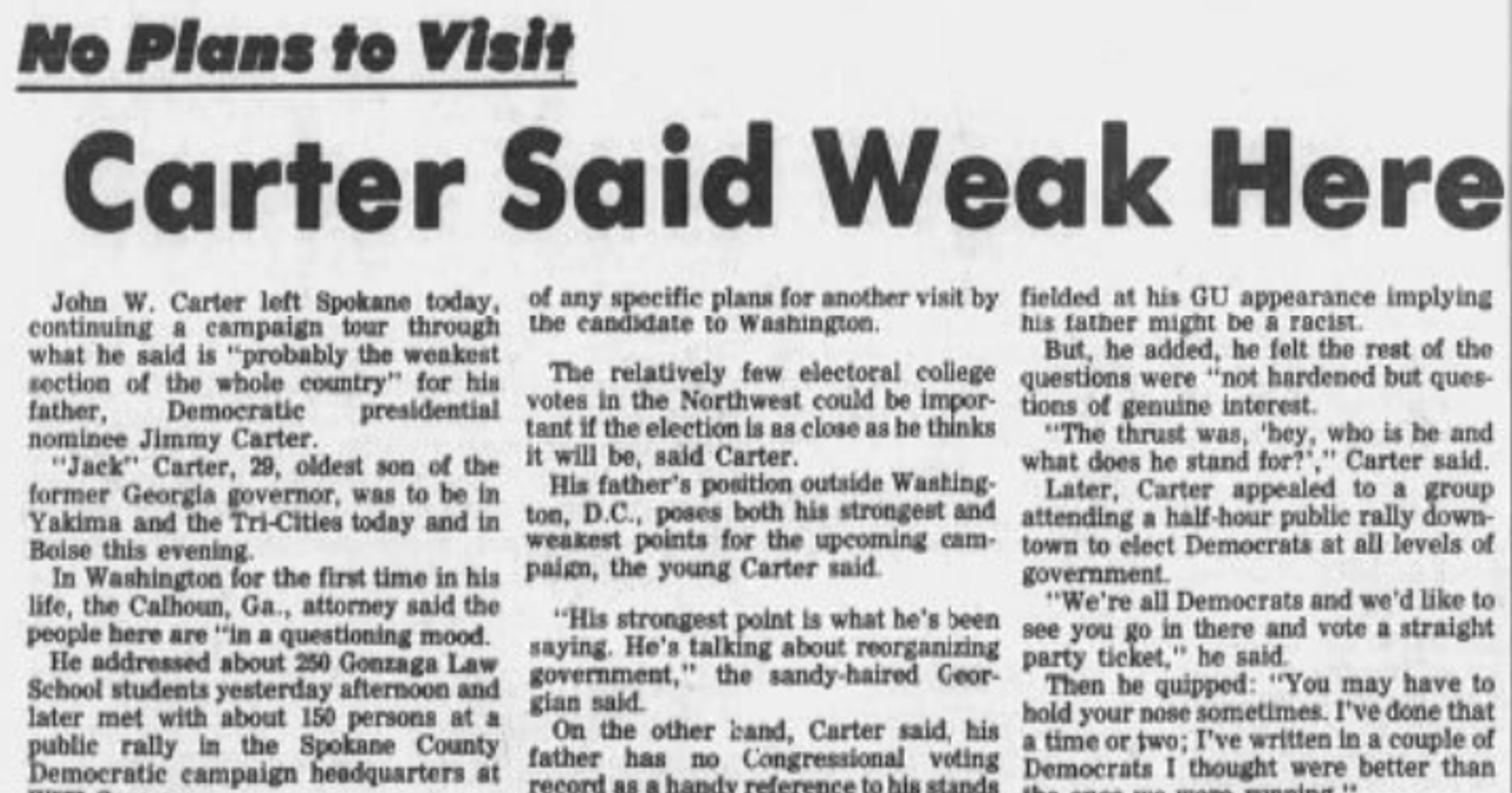 This day in history: President Jimmy Carter's campaigning son found a ‘questioning' audience in Spokane