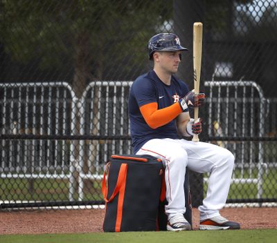 Houston Astros infielder Alex Bregman prepares to face Josh James as James pitched a live batting practice during baseball spring training Wednesday, Feb. 19, 2020, in West Palm Beach, Fla. (Karen Warren / Houston Chronicle via AP)