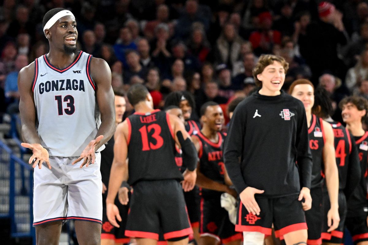 Gonzaga’s Graham Ike reacts to a call against the Bulldogs in the second half of an 84-74 to San Diego State on Friday at McCarthey Athletic Center.  (Tyler Tjomsland/The Spokesman-Review)