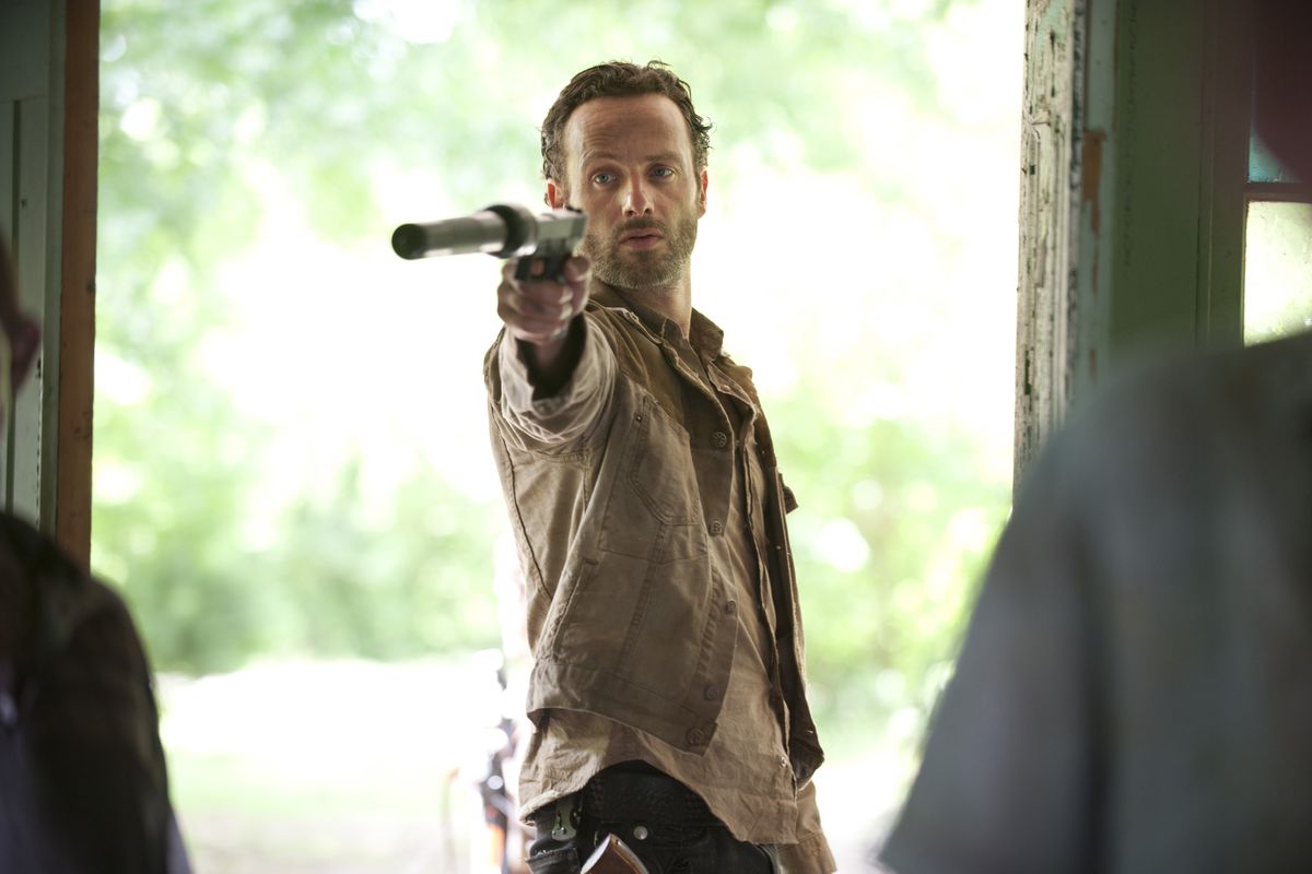 Andrew Lincoln as Rick Grimes is shown in a scene from “The Walking Dead.” The popular zombie series failed to land an Emmy nomination.