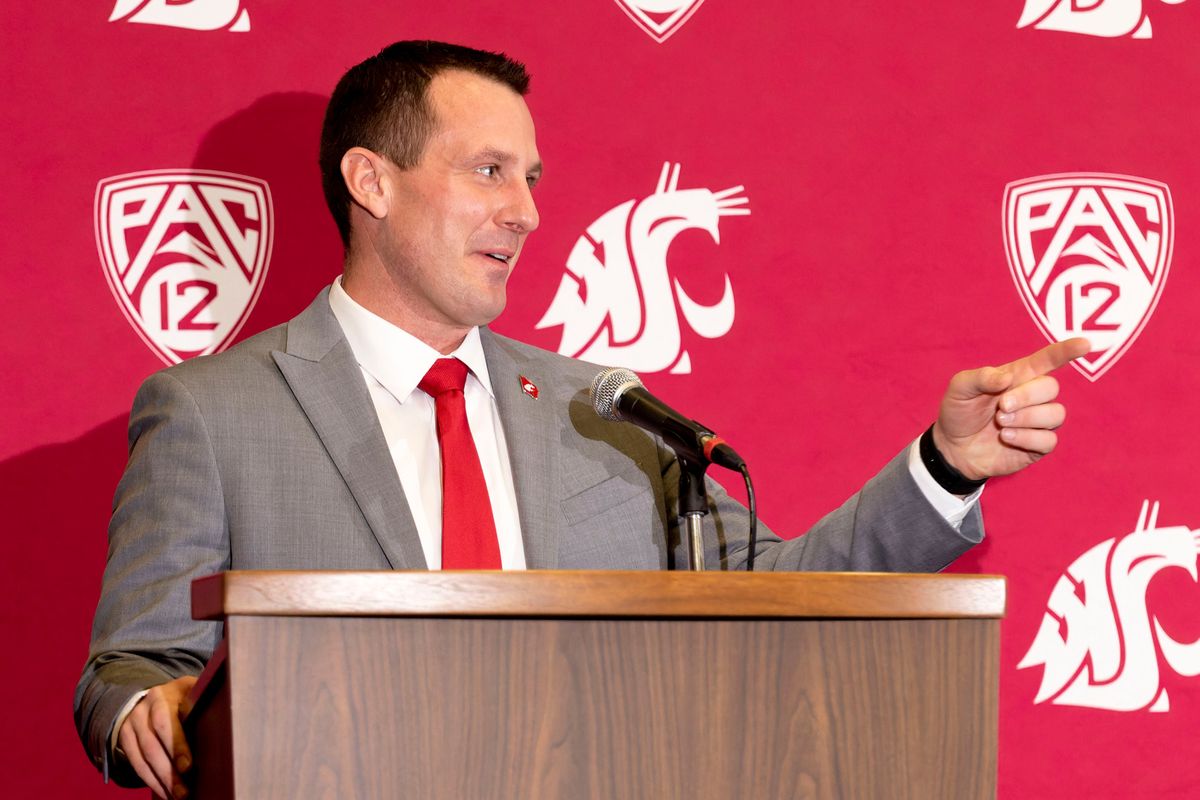 Washington State University's new head football coach, Jake Dickert, speaks during a press conference to introduce him on Thursday, Dec. 2, 2021, at Gesa Field in Pullman.  (Geoff Crimmins)
