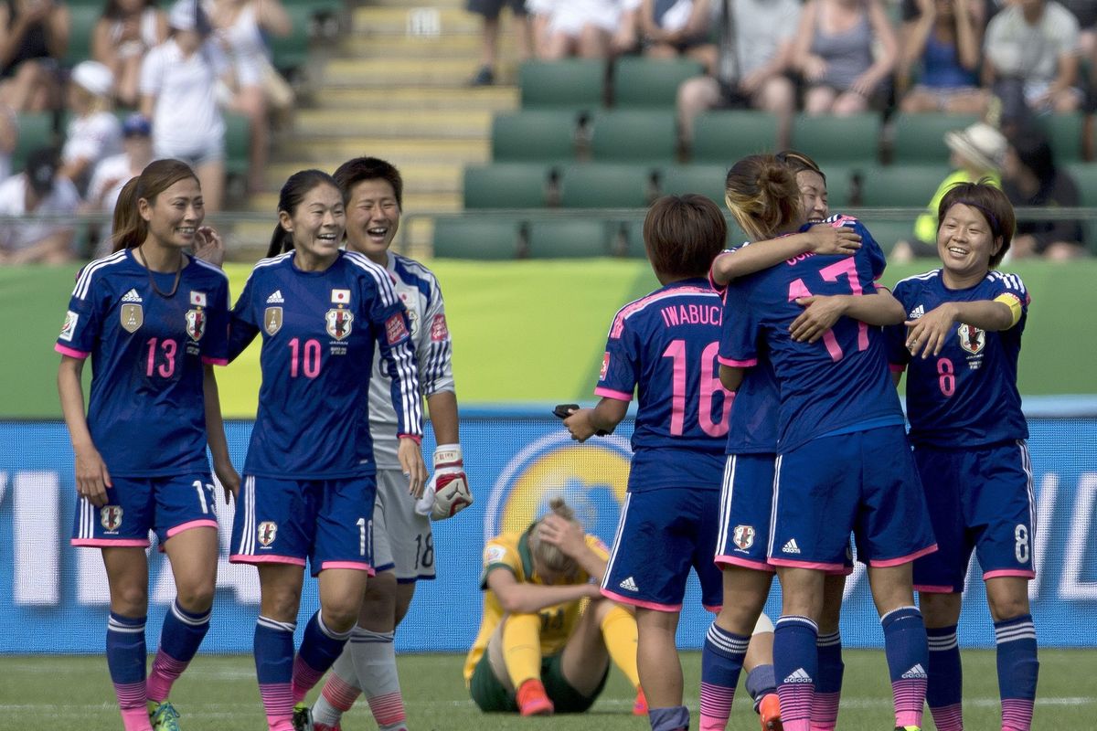 Japan celebrates their 1-0 win over Australia in the quarterfinals of the FIFA Women’s World Cup in Edmonton, Alberta, on Saturday. (Associated Press)