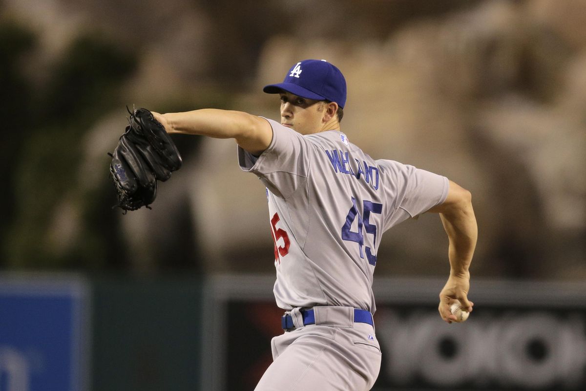 Los Angeles Dodgers starting pitcher Joe Wieland throws against the Los Angeles Angels during the first inning of a baseball game, Wednesday, Sept. 9, 2015, in Anaheim, Calif. (Jae C. Hong / Associated Press)