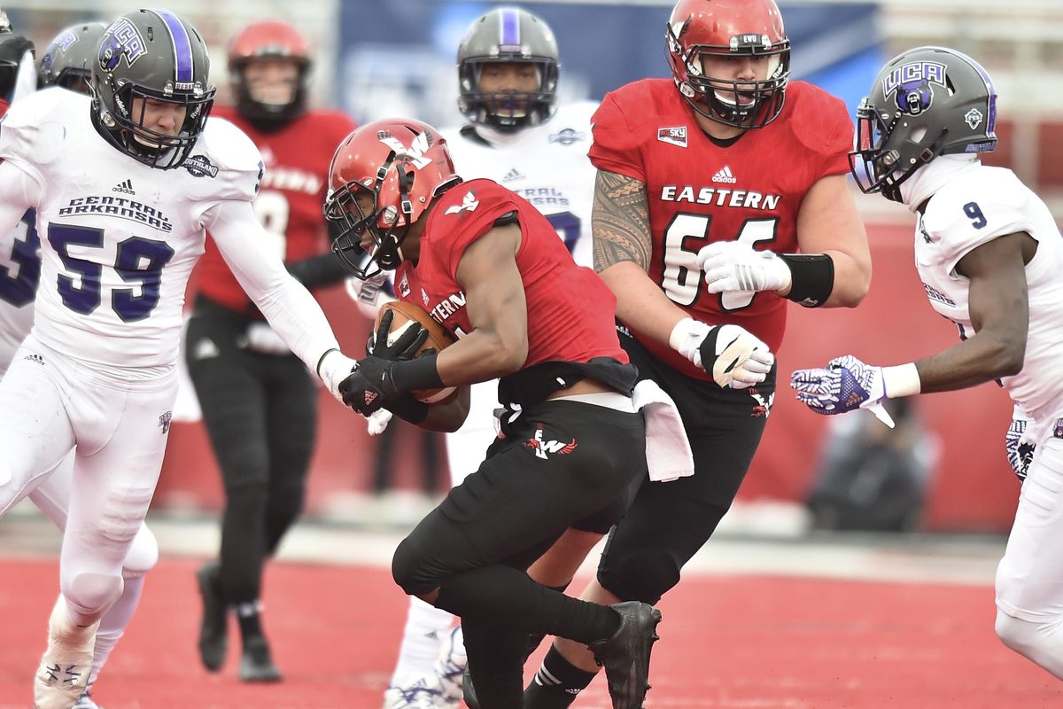 Eastern Washington Eagles wide receiver Shaq Hill (1) runs the ball against Central Arkansas during the first half of an FCS football game on Saturday, Dec 3, 2016, at Roos Field in Cheney, Wash. (Tyler Tjomsland / The Spokesman-Review)