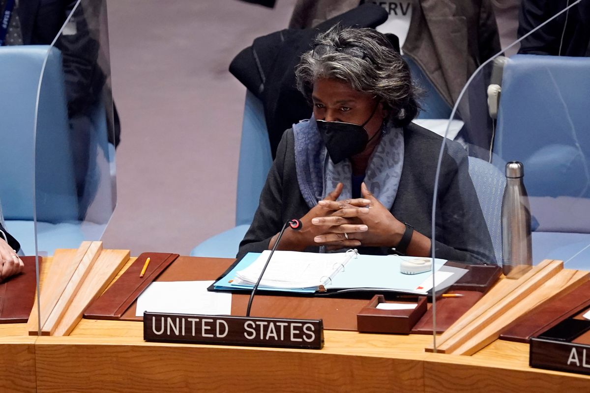 Linda Thomas-Greenfield, U.S. Ambassador to the United Nations, addresses the United Nations Security Council, before a vote, Monday, Jan. 31, 2022.  (Richard Drew)