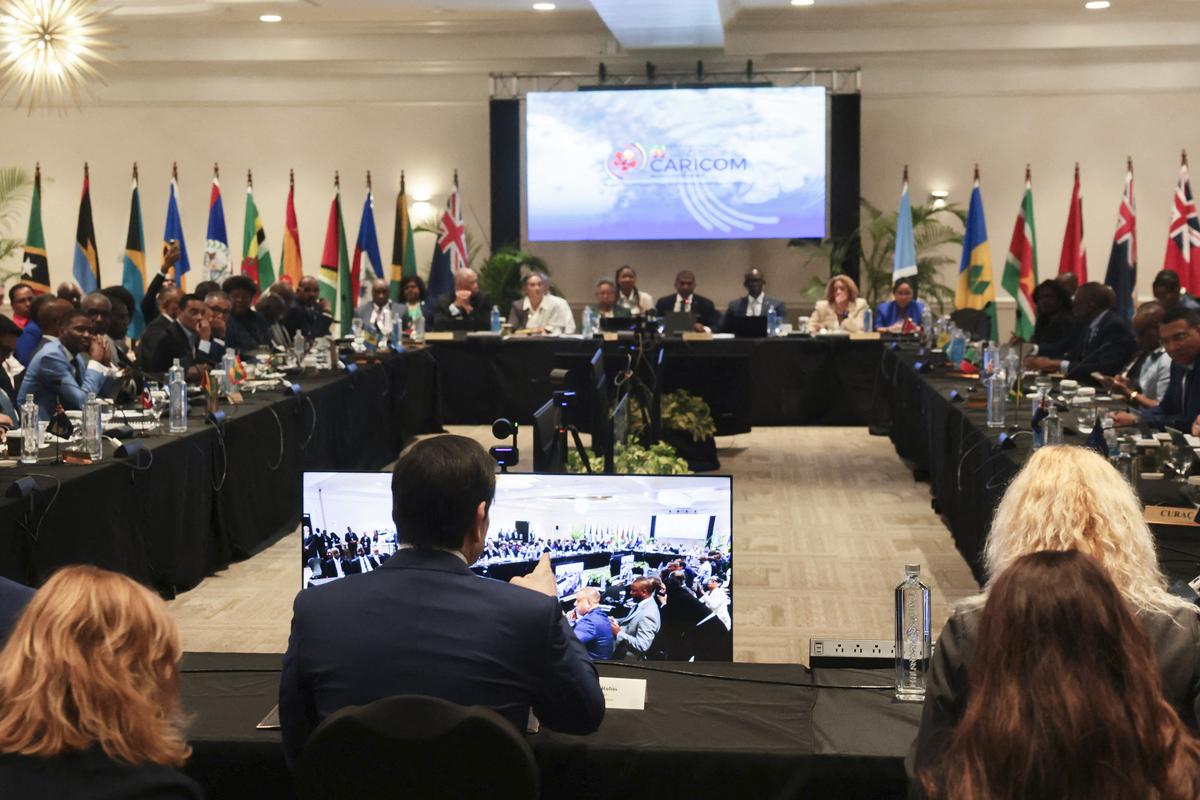 U.S. Secretary of State Marco Rubio attends a meeting with Caribbean Community (CARICOM) leaders, in Basseterre, Saint Kitts and Nevis, Feb. 25, 2026. Rubio is meeting with Caribbean leaders seeking a common line on Venezuela and pressure on Cuba. He