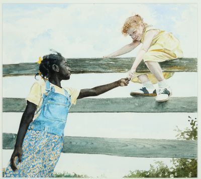 An undated photo provided by E.B. Lewis shows a watercolor by E.B. Lewis for the book “The Other Side,” which is among the first works visitors encounter in “Picture the Dream: The Story of the Civil Rights Movement Through Children’s Books,” at the New-York Historical Society. The exhibit shows that children have played central roles in the civil rights movement.  (E.B. LEWIS)